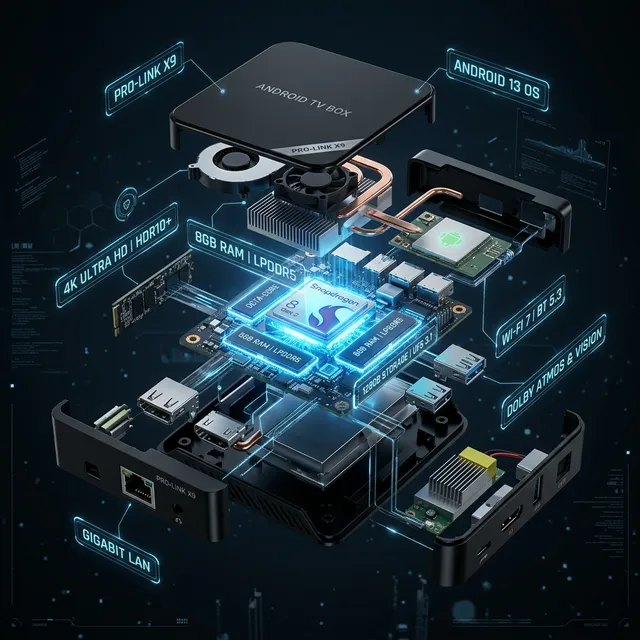 Componentes internos de uma box Android — processador, RAM, WiFi, Ethernet, HDMI e USB