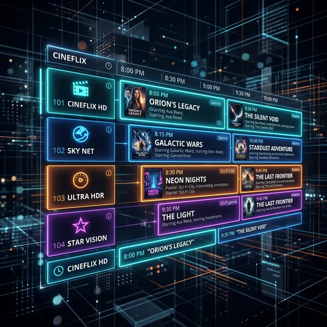 Box Android com TiviMate EPG — interface do guia de programas