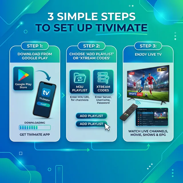 Instalação TiviMate — TV, box Android, comando e router